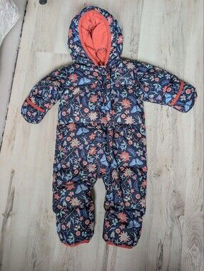 Columbia Snuggly Bunny Bunting Puffy Snowsuit Infant Floral Navy Blue Butterfly